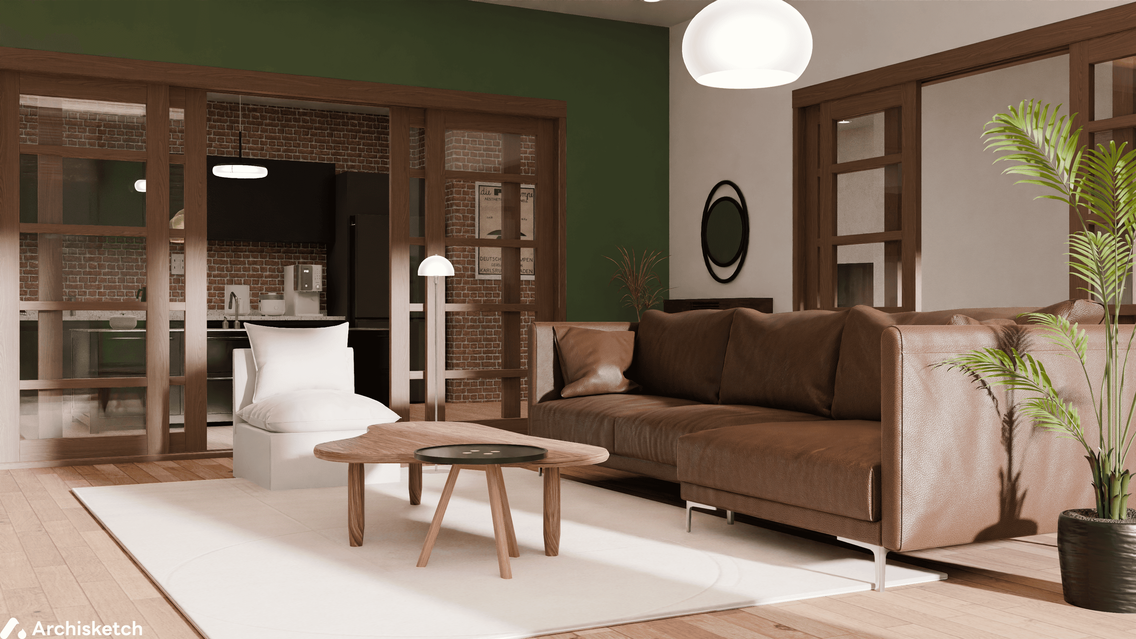 Green Matcha Tones & Wooden Accents | AI · 3D인테리어, 아키스케치